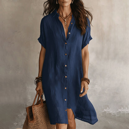 Cardydony Women's Solid Color Boho Effortless Black Linen Relaxed Midi Dress