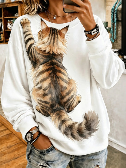 Cardydony Women's Realistic 3d Clinging Fluffy Maine Coon Cat Print Crewneck Sweatshirt