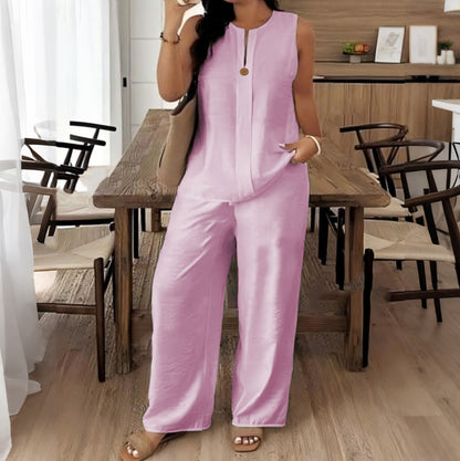 Cardydony Loose Top Casual Wide Leg Pants Linen Two Piece Set
