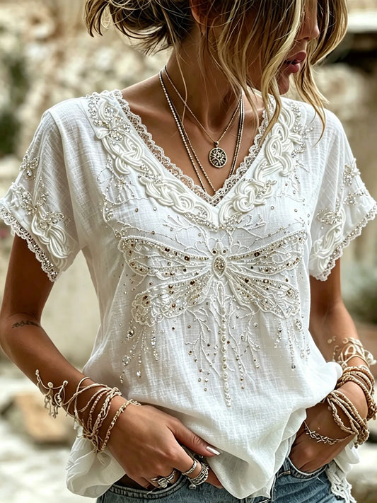 Cardydony Women's Retro Bohemian Floral Dragonfly Embroidered Sequin Print V-neck Top