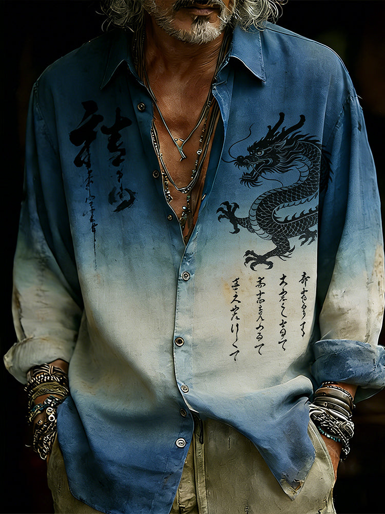 Cardydony Japanese Style Dragon Playing In The Water Flaxen Collar Cardigan Shirt
