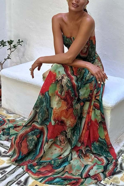 Cardydony Women's Vacay Vibes Colorful Lava Print Off Shoulder Smocked Scarf Maxi Dress