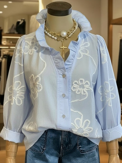 Cardydony Vintage Floral Pattern Ruffled Collar Comfy Shirt