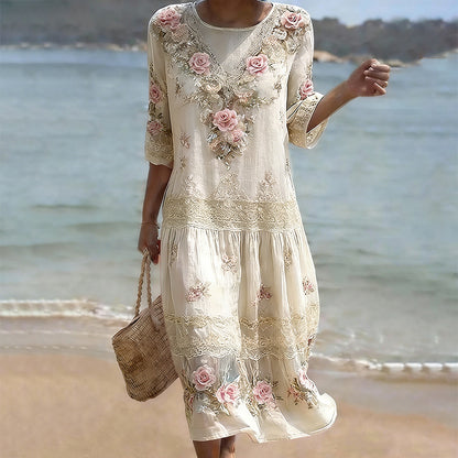 Cardydony Women's Vintage Pink Flower Embroidery Art Midi Dress