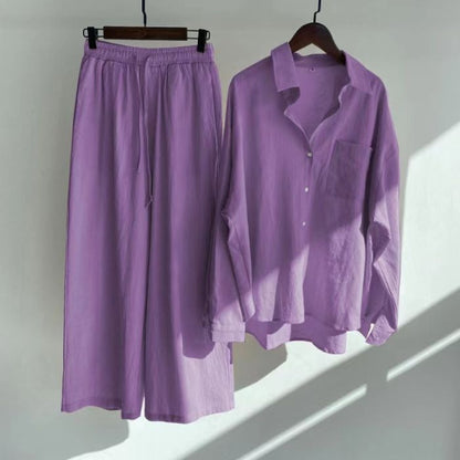 Cardydony Women's Vintage Flower Embroidery Cotton Linen Shirt And Pants Two-piece Set