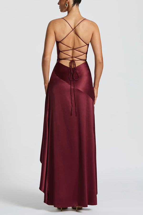 Cardydony Women's Solid Color Sexy Backless Lace-up Irregular Ruffled Maxi Dress