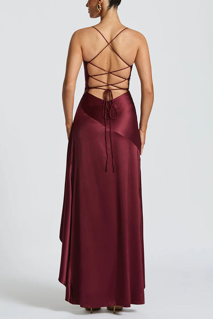 Cardydony Women's Solid Color Sexy Backless Lace-up Irregular Ruffled Maxi Dress