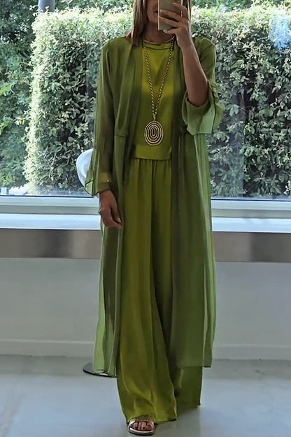 Cardydony Women's Solid Color Long Cardigan + Round Neck Casual Top and Elastic Waist Wide Leg Pants Three-piece Set