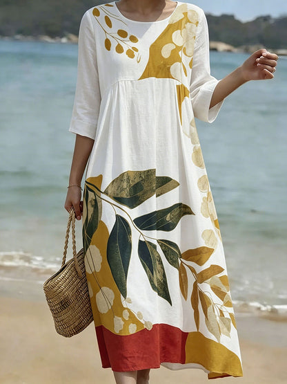 Cardydony Women's Leaf And Branch Art Print Round Neck Dress