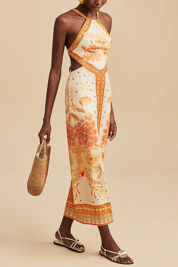 Cardydony Women's  Floral Print Sleeveless Backless Tie Slim-fit Vacation Maxi Dress