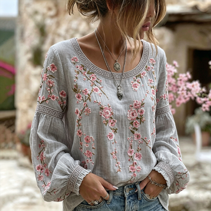 Cardydony Women's Japanese Flower Art Crew Neck Linen Blend T-shirt