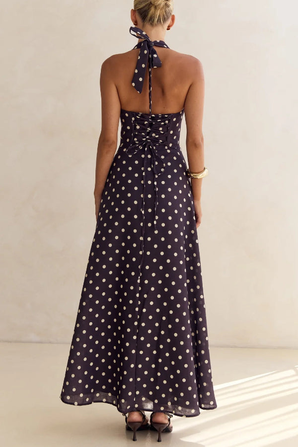 Cardydony Women's Floral Print V-neck Backless Tie-up Fitted Waist Elegant Maxi Dress