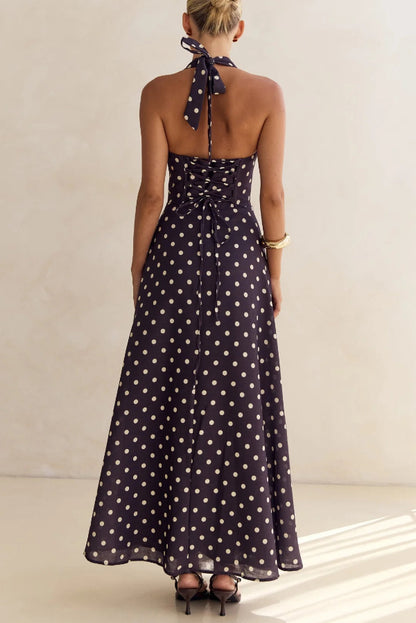 Cardydony Women's Floral Print V-neck Backless Tie-up Fitted Waist Elegant Maxi Dress