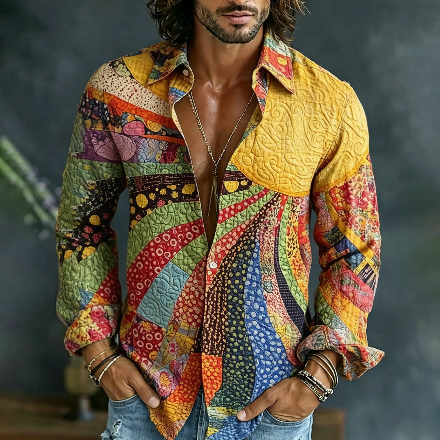 Cardydony Men's Causal Spring Hippie Vibe Colorful Sun Collage Art Print Flowy Linen Blend Shirt