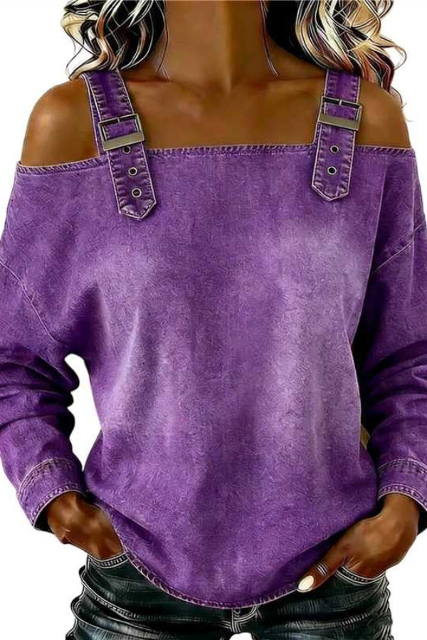 Cardydony Women's  Fashionable Faux Denim Off-shoulder Long-sleeved Loose Top