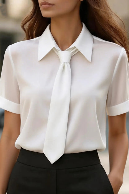 Cardydony Women's  Solid Color Collared Tie Short-sleeved Casual Shirt
