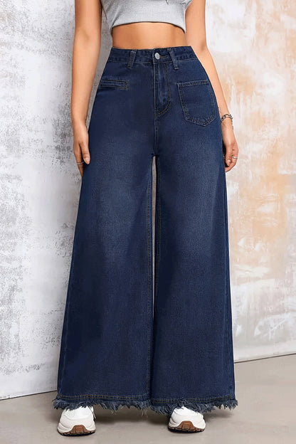 Cardydony Women's Stylish Loose-fitting Frayed Hem Casual Pocket Wide-leg Jeans