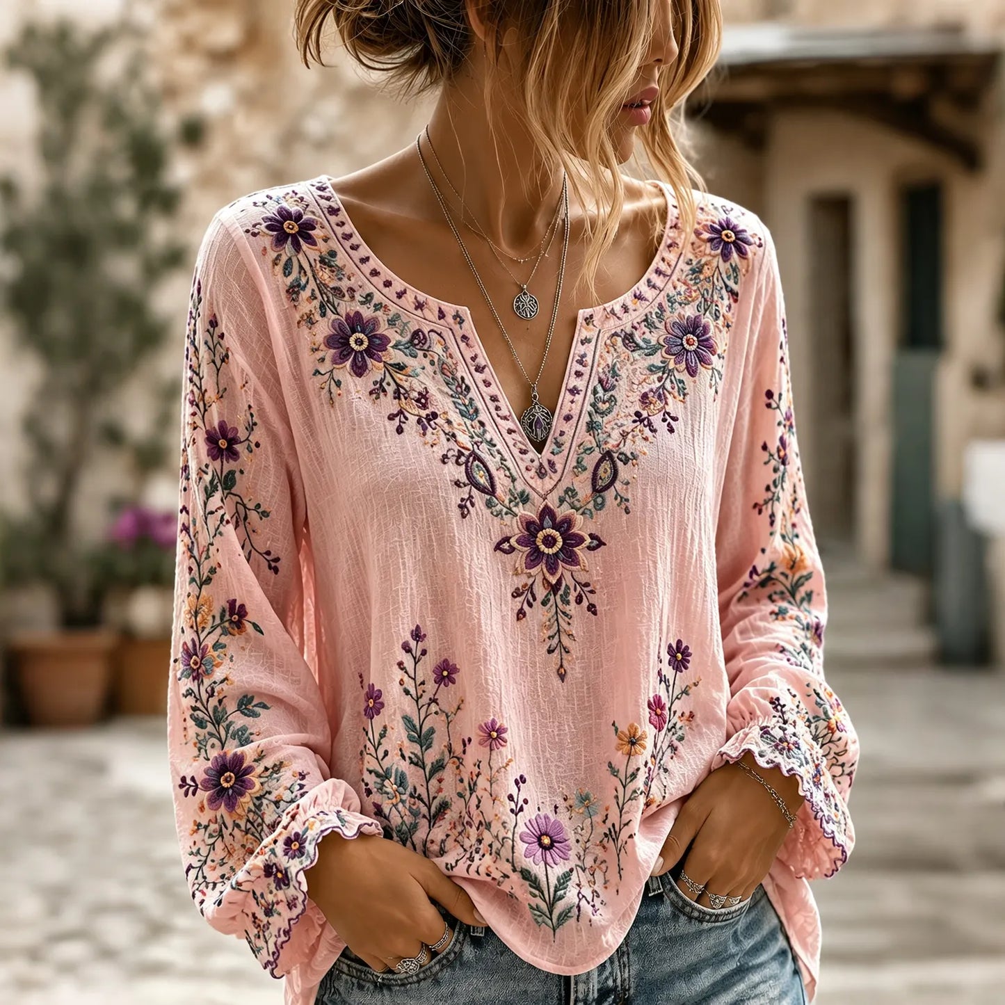 Cardydony Women's Retro Boho Floral Art Cotton Linen V Neck T-shirt
