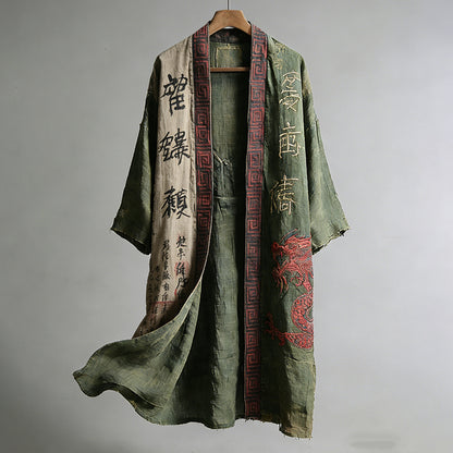Cardydony Men's Japanese Dragon Pattern Calligraphy And Painting Art Linen Long Kimono