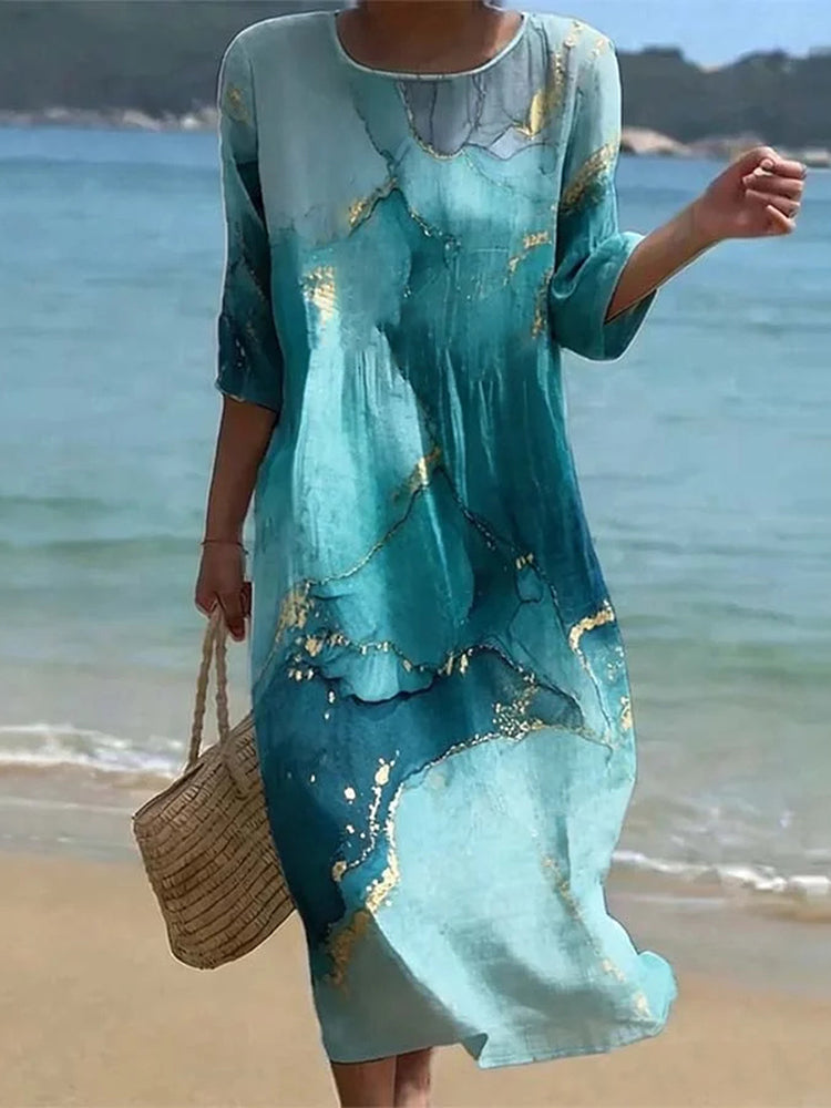 Cardydony Vintage Marble Pattern Art Pattern Linen Blend Loose Three-quarter Sleeve Dress