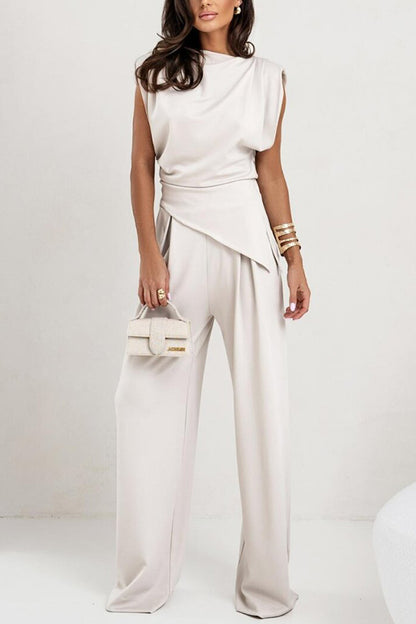 Cardydony Women's Jordy Ruched Shoulder Slit Top and Elastic Waist Pocketed Wide Leg Pants Set