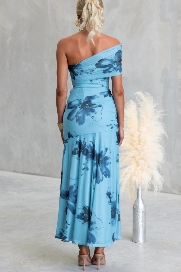 Cardydony Women's Floral Print Elegant Mesh Off-shoulder Fitted Maxi Dress
