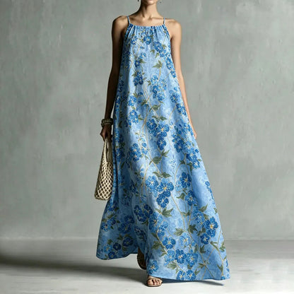 Cardydony Women's Loose Art Oil Painting Floral Print Slim Collar Maxi Dress