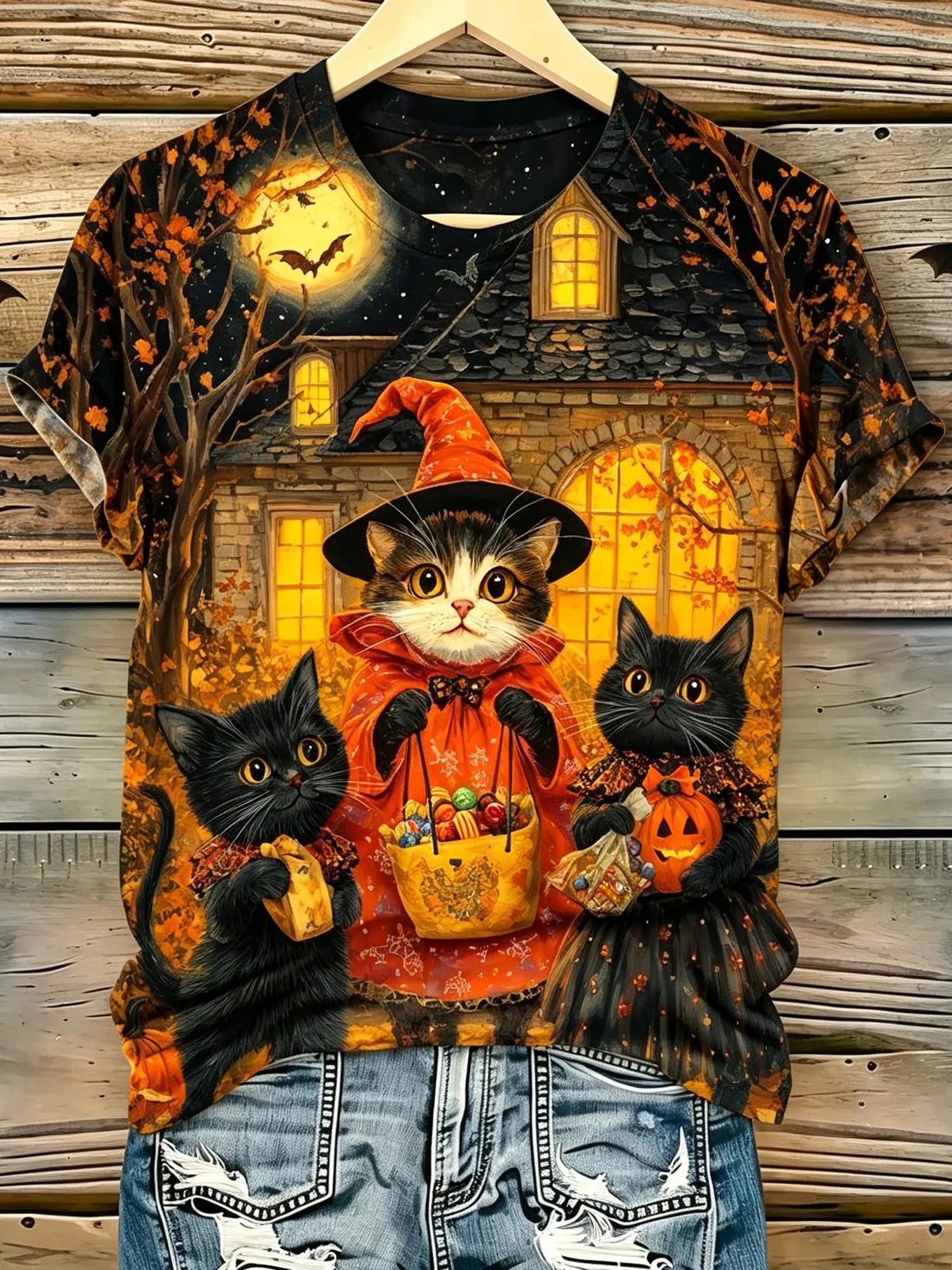 Cardydony Women's Retro Halloween Theme Cat Print Casual T-shirt