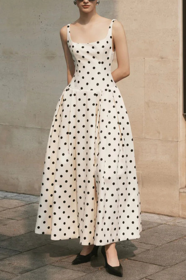 Cardydony Women's Polka Dot Print Square Neck Sleeveless Holiday Maxi Dress