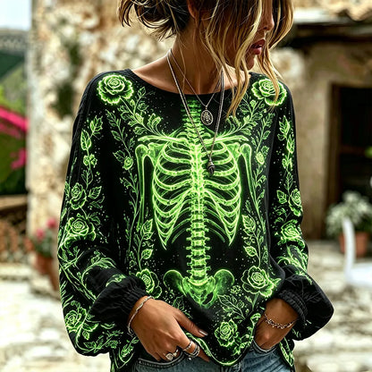 Cardydony Halloween Vintage Fluorescent Human Skeleton Art Cotton Linen Crew Neck Top