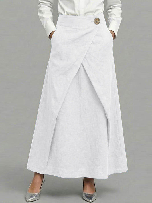 Cardydony Women's Casual Retro Slanted Button Cotton And Linen Skirt