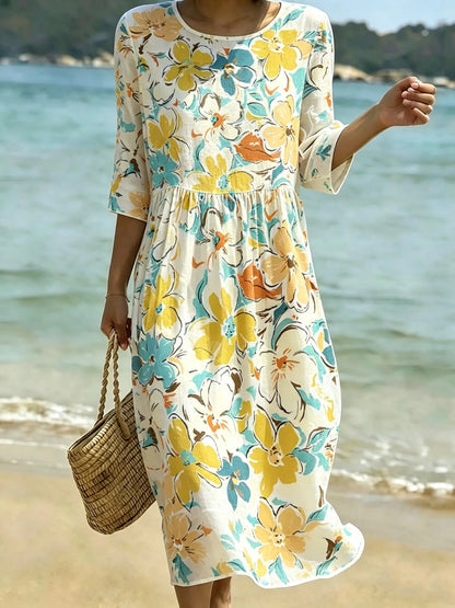Cardydony Women's Bohemian Floral Print Cotton Linen Dress
