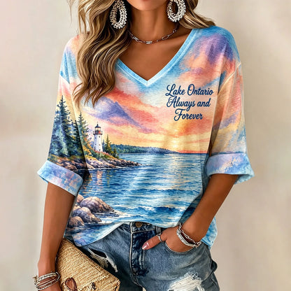 Cardydony Women's Lake Ontario Always And Forever Printed Mid-length Sleeves V-neck T-shirt