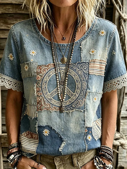 Cardydony Women's Retro Floral Peace Symbol Patchwork Art Embroidered Casual T-shirt
