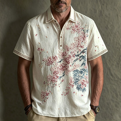 Cardydony Men's Retro Japanese Floral Print Cotton Linen Comfortable Polo Shirt
