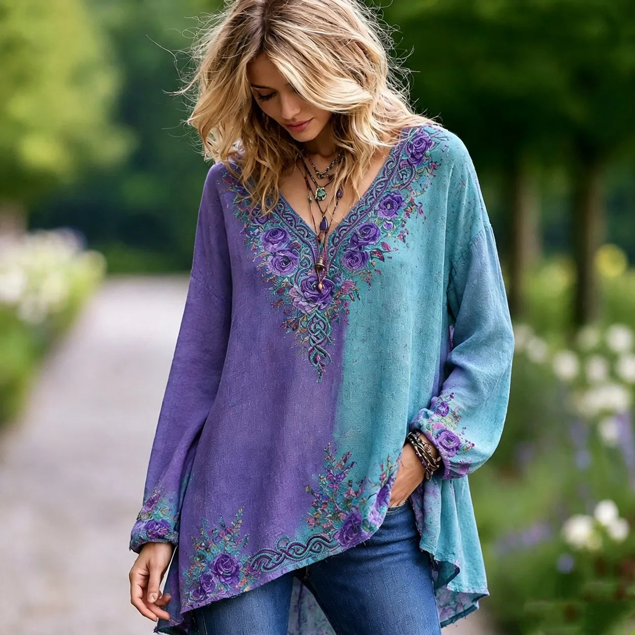 Cardydony Women's Retro Purple Rose And Celtic Knot Pattern Casual Cotton Linen T-shirt
