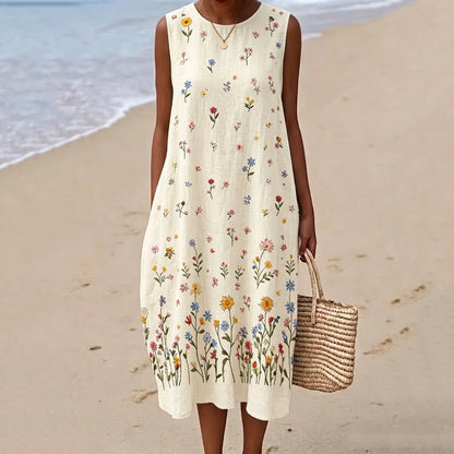 Cardydony Women's Vintage Floral Casual Sleeveless Linen Dress