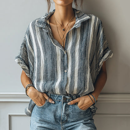 Cardydony Women's Retro Striped Print Casual Linen Shirt