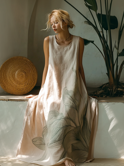 Cardydony Plant Pattern Design Casual Linen Dress