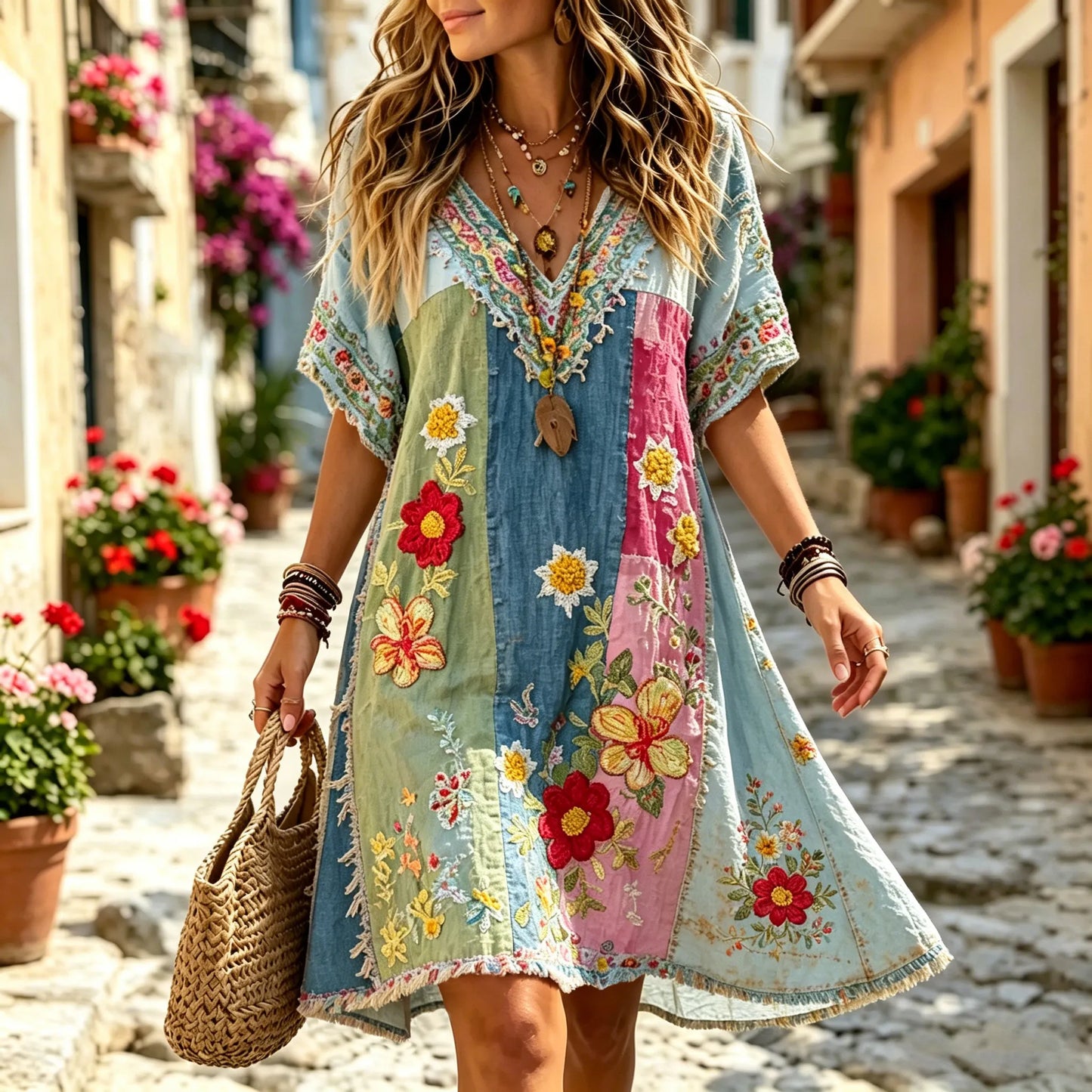 Cardydony Women's Retro Floral Patchwork Art Cotton Linen Casual Dress