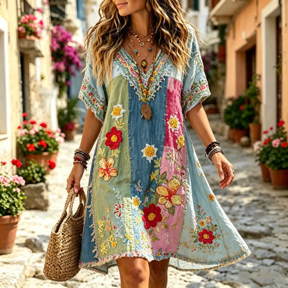 Cardydony Women's Retro Floral Patchwork Art Cotton Linen Casual Dress