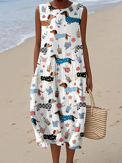Cardydony Women's Cute Dachshund And Floral Print Linen Blend Tank Midi Dress