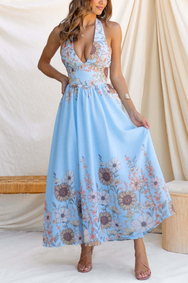 Cardydony Women's Sunflower Print V-neck Fitted Waist Elegant Maxi Dress