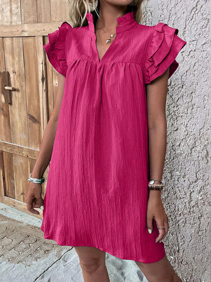 Cardydony Ruffled Notched Cap Sleeve Linen Dress