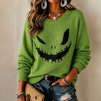 Cardydony Women's Halloween Pumpkin Ghost Face Art Casual Crewneck Sweater