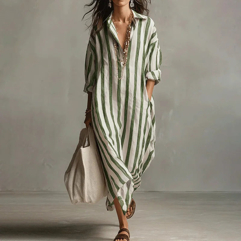 Cardydony Women's Casual Striped Cotton Linen Maxi Shirt Dress