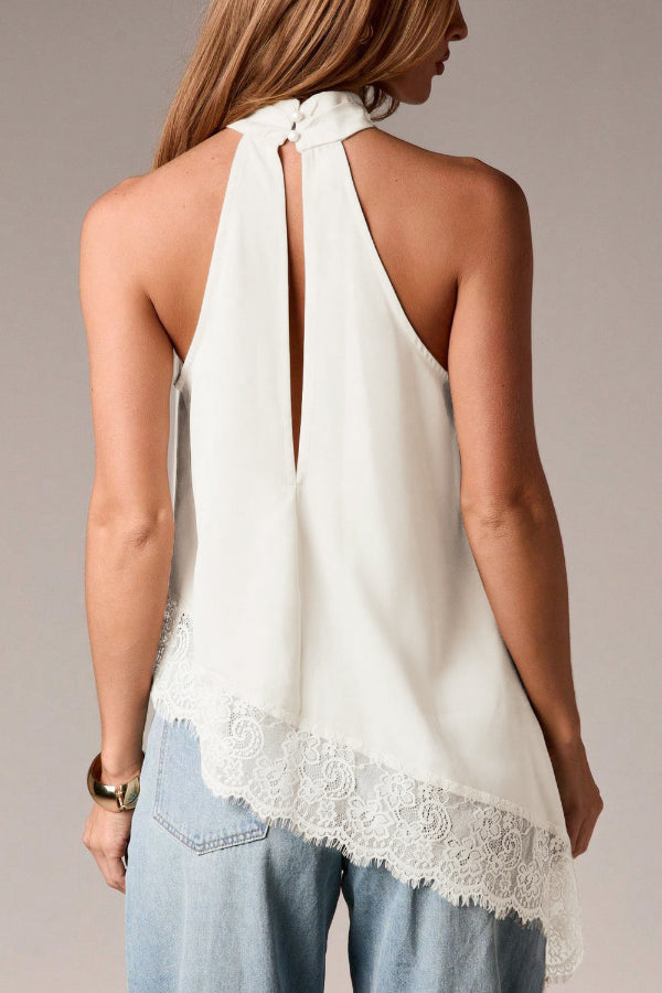 Cardydony Women's Solid Color Satin Sleeveless Lace Hem Loose Top
