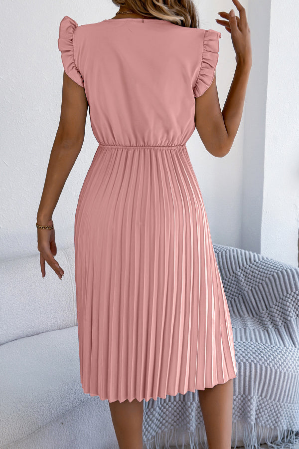 Cardydony Women's Solid Color V-neck Lace-trimmed Sleeveless Casual Pleated Midi Dress
