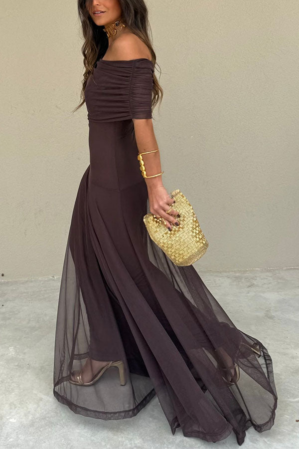 Cardydony Women's In My Arms Mesh Ruched Strapless Paneled Drape Flare Maxi Dress