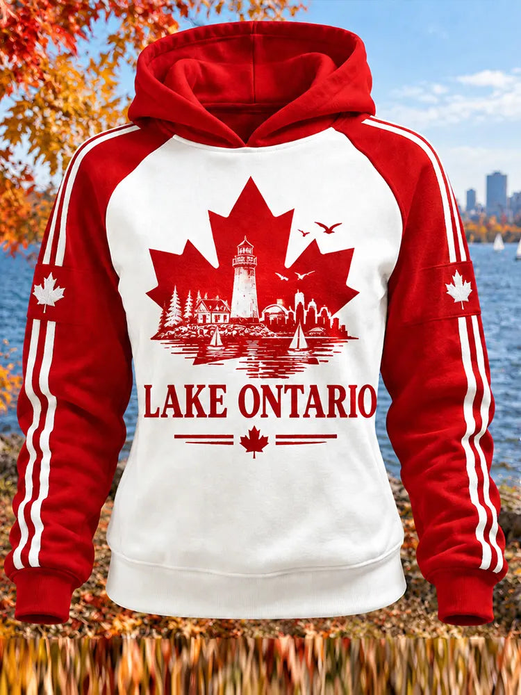 Cardydony Women's Lake Ontario Letter Minimalist Print Casual Raglan Sleeve Hoodie